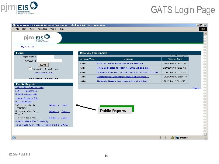 GATS Login Page Public Reports © 2008 PJM EIS 14 