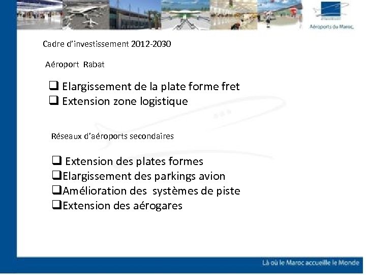 Cadre d’investissement 2012 -2030 Aéroport Rabat q Elargissement de la plate forme fret q