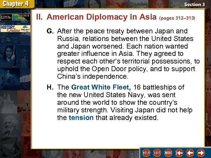 II. American Diplomacy in Asia (pages 312– 313) G. After the peace treaty between