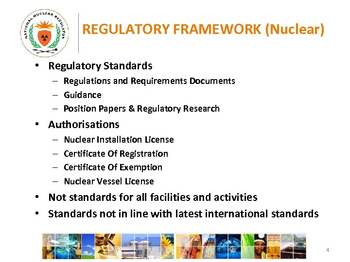 REGULATORY FRAMEWORK (Nuclear) • Regulatory Standards – Regulations and Requirements Documents – Guidance –