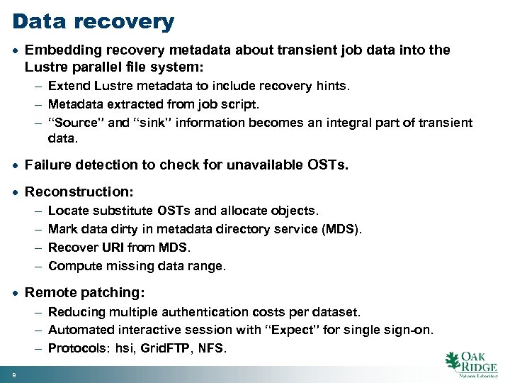 Data recovery · Embedding recovery metadata about transient job data into the Lustre parallel