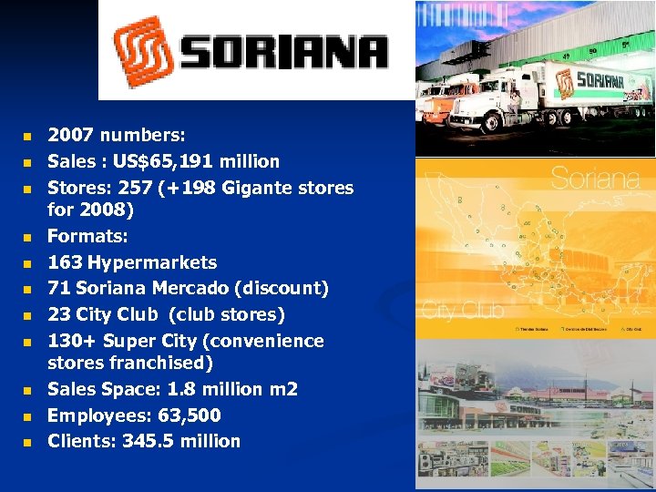 n n n 2007 numbers: Sales : US$65, 191 million Stores: 257 (+198 Gigante