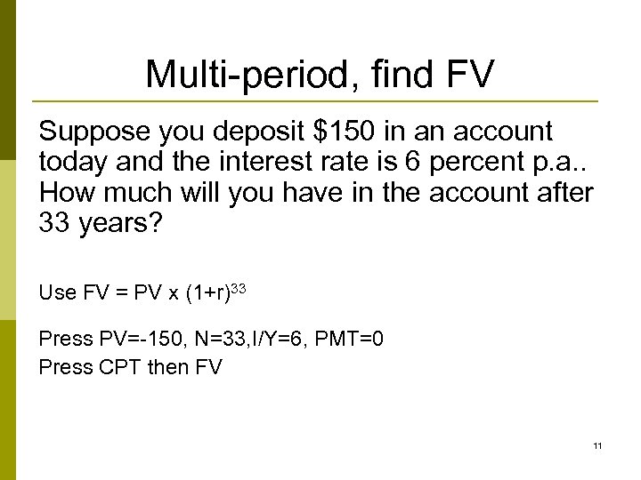 Multi-period, find FV Suppose you deposit $150 in an account today and the interest