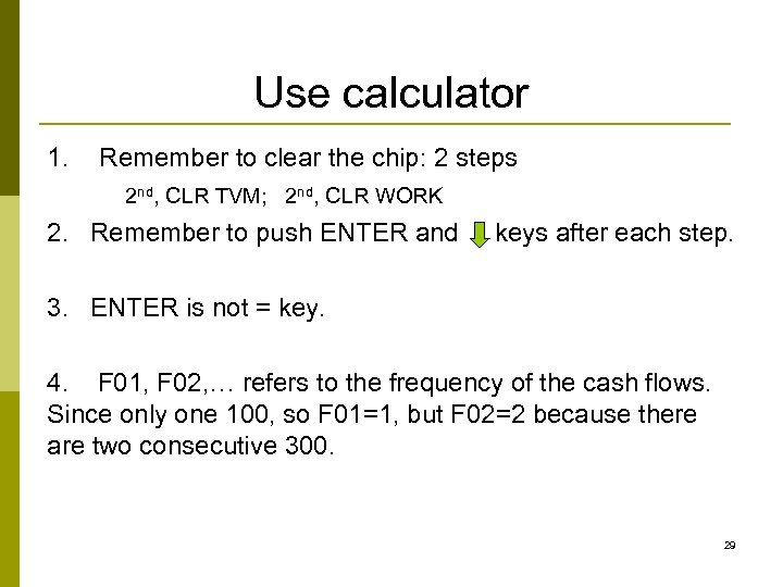 Use calculator 1. Remember to clear the chip: 2 steps 2 nd, CLR TVM;