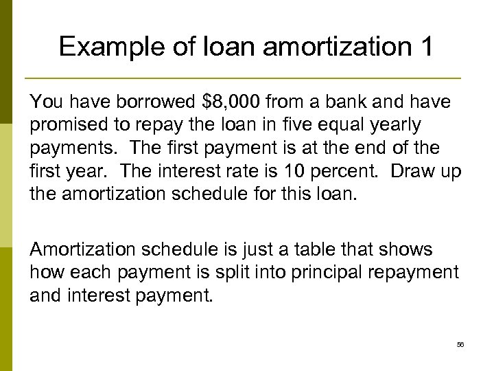 Example of loan amortization 1 You have borrowed $8, 000 from a bank and