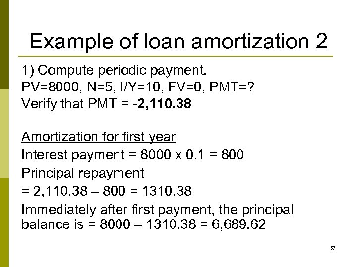 Example of loan amortization 2 1) Compute periodic payment. PV=8000, N=5, I/Y=10, FV=0, PMT=?