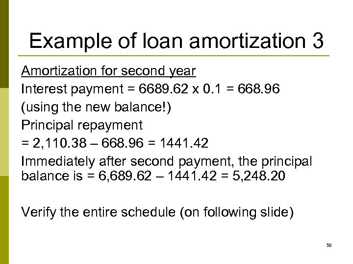 Example of loan amortization 3 Amortization for second year Interest payment = 6689. 62