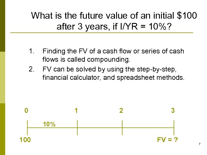 What is the future value of an initial $100 after 3 years, if I/YR