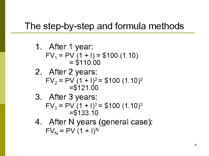 The step-by-step and formula methods 1. After 1 year: FV 1 = PV (1