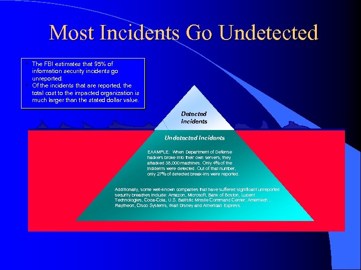 Most Incidents Go Undetected § The FBI estimates that 95% of information security incidents