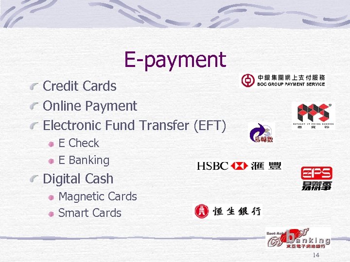 E-payment Credit Cards Online Payment Electronic Fund Transfer (EFT) E Check E Banking Digital