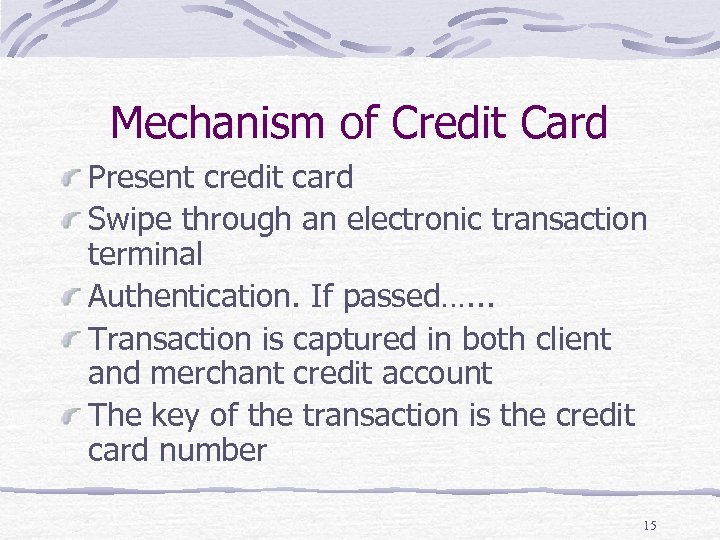 Mechanism of Credit Card Present credit card Swipe through an electronic transaction terminal Authentication.