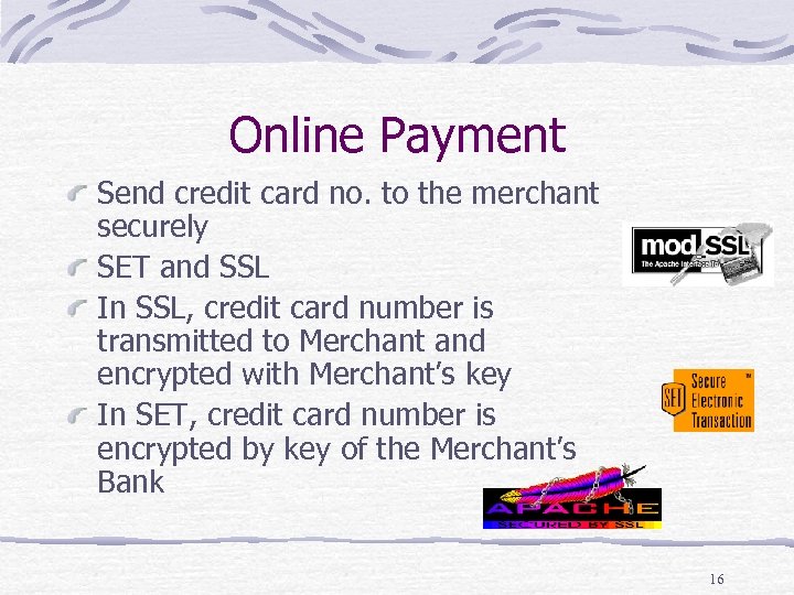 Online Payment Send credit card no. to the merchant securely SET and SSL In