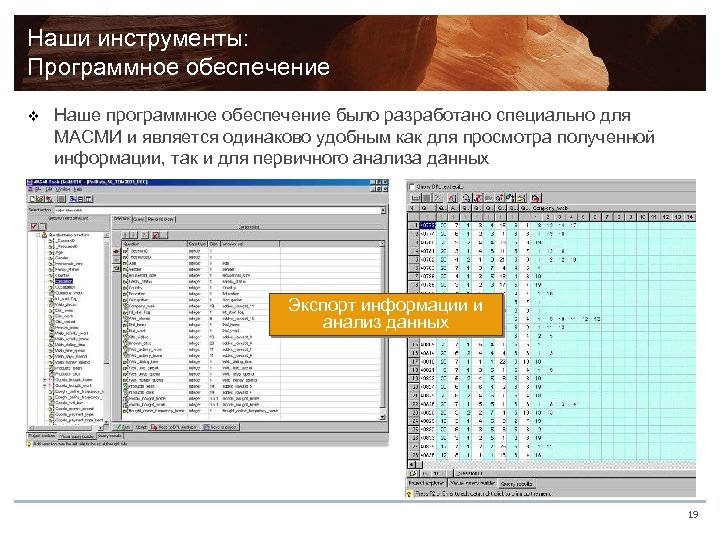 Наши инструменты: Программное обеспечение v Наше программное обеспечение было разработано специально для МАСМИ и