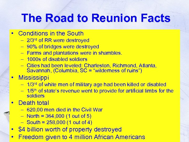 The Road to Reunion Facts • Conditions in the South – – – 2/3