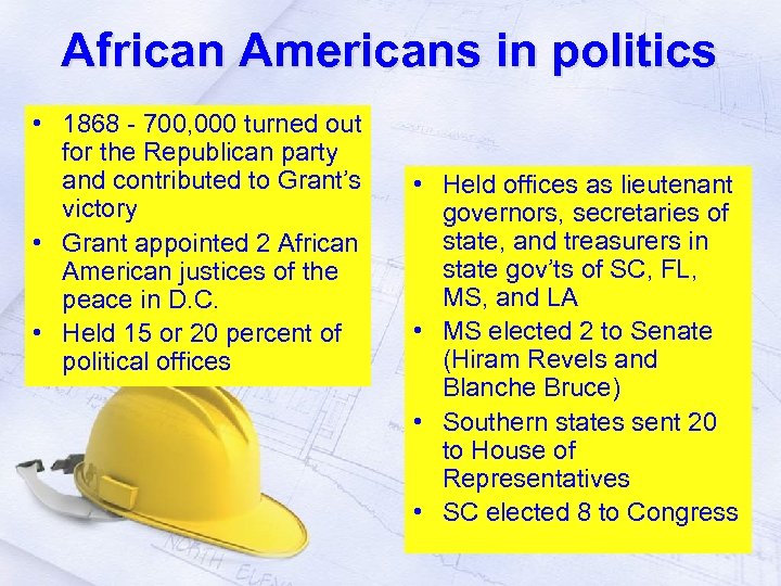 African Americans in politics • 1868 - 700, 000 turned out for the Republican