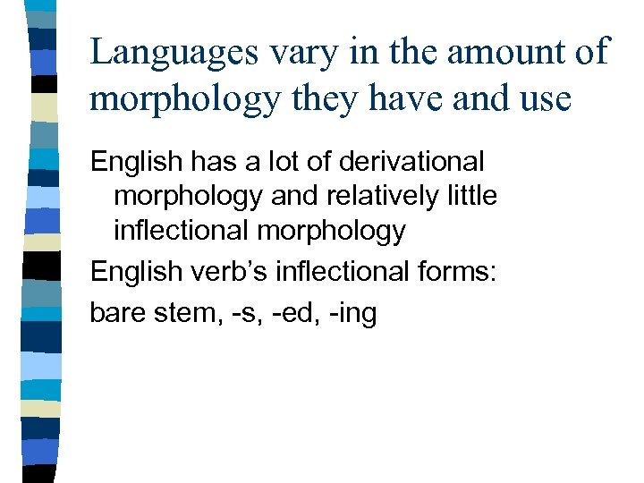 Languages vary in the amount of morphology they have and use English has a