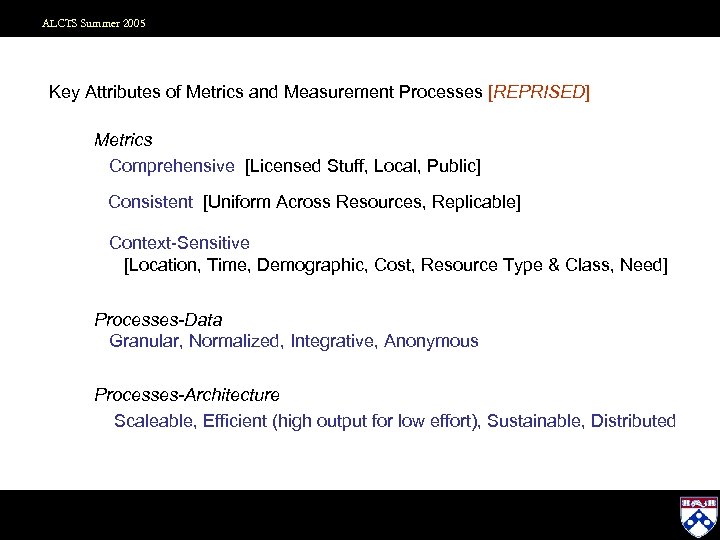 ALCTS Summer 2005 Key Attributes of Metrics and Measurement Processes [REPRISED] Metrics Comprehensive [Licensed