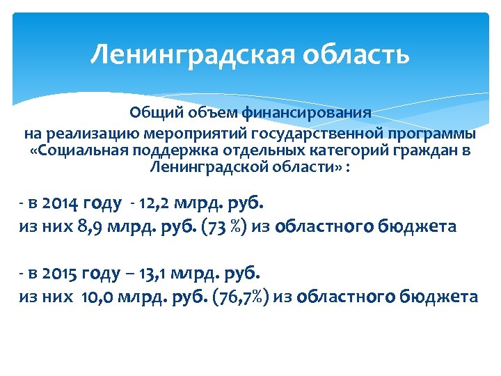 Ленинградская область Общий объем финансирования на реализацию мероприятий государственной программы «Социальная поддержка отдельных категорий