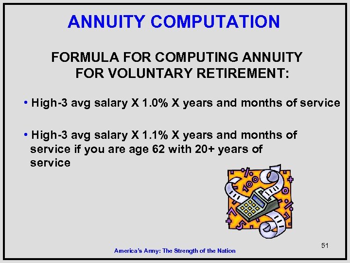 ANNUITY COMPUTATION FORMULA FOR COMPUTING ANNUITY FOR VOLUNTARY RETIREMENT: • High-3 avg salary X