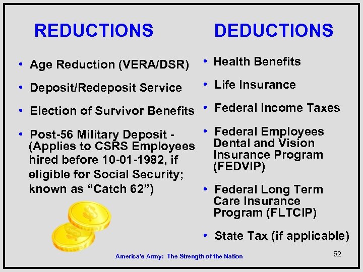 REDUCTIONS DEDUCTIONS • Age Reduction (VERA/DSR) • Health Benefits • Deposit/Redeposit Service • Life