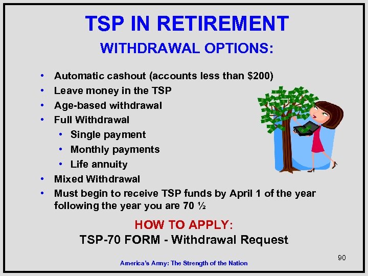 TSP IN RETIREMENT WITHDRAWAL OPTIONS: • • Automatic cashout (accounts less than $200) Leave