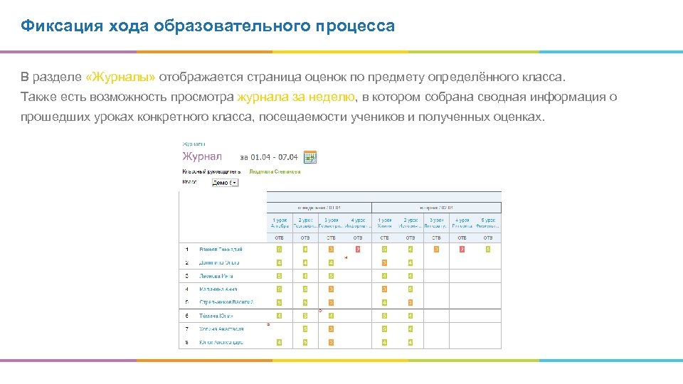 Фиксация хода образовательного процесса В разделе «Журналы» отображается страница оценок по предмету определённого класса.