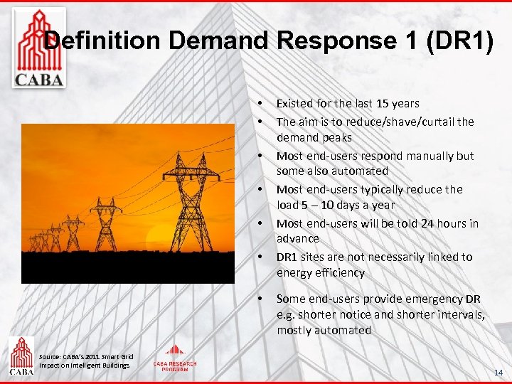 Definition Demand Response 1 (DR 1) • • Source: CABA’s 2011 Smart Grid Impact