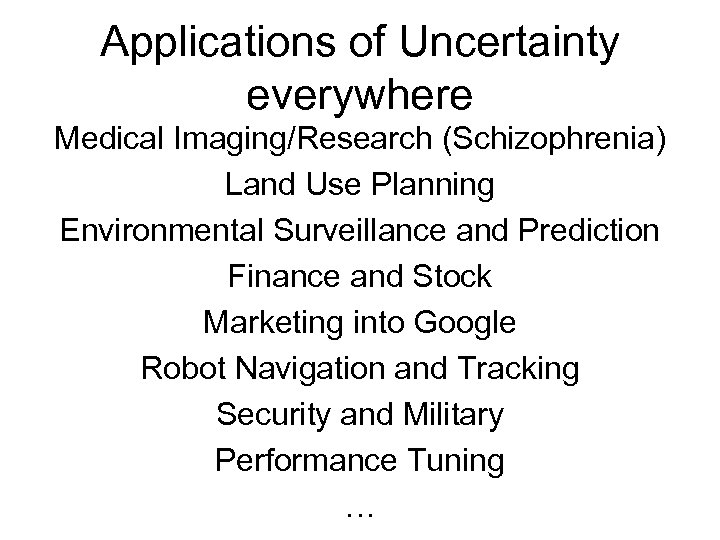 Applications of Uncertainty everywhere Medical Imaging/Research (Schizophrenia) Land Use Planning Environmental Surveillance and Prediction