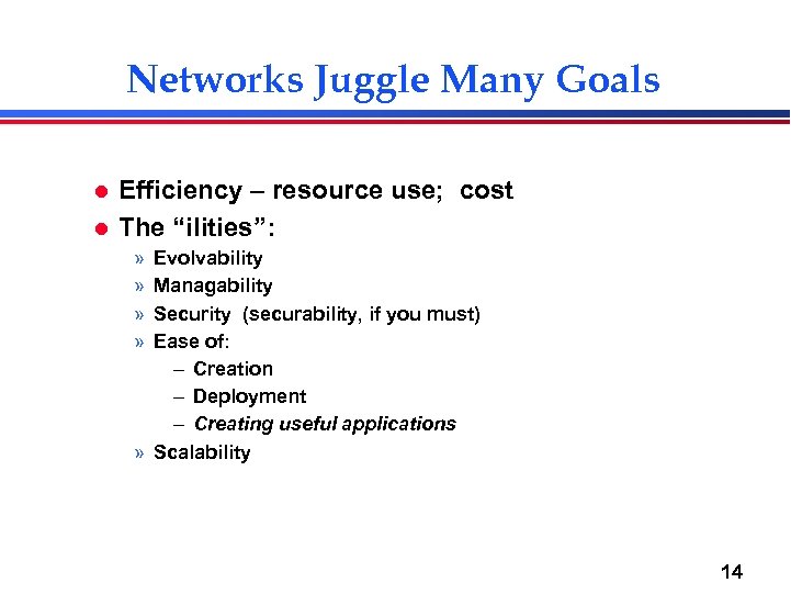 Networks Juggle Many Goals l l Efficiency – resource use; cost The “ilities”: »