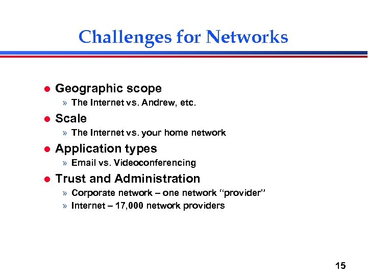 Challenges for Networks l Geographic scope » The Internet vs. Andrew, etc. l Scale