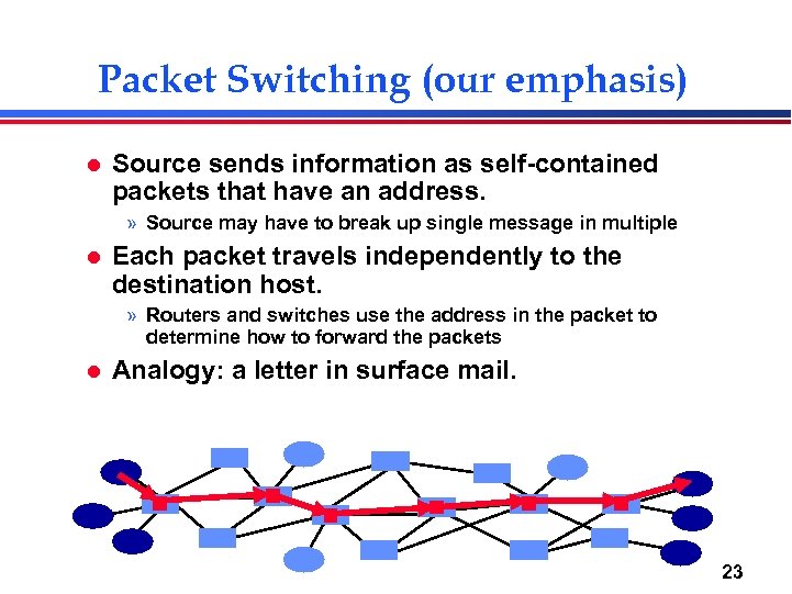Packet Switching (our emphasis) l Source sends information as self-contained packets that have an