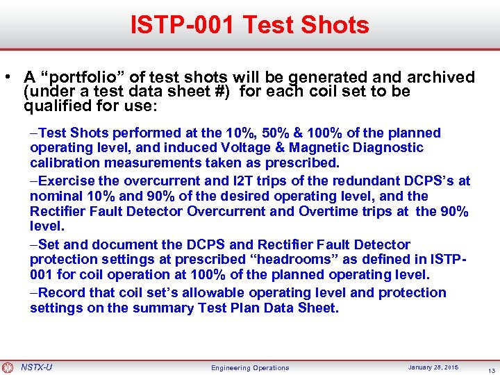 ISTP-001 Test Shots • A “portfolio” of test shots will be generated and archived
