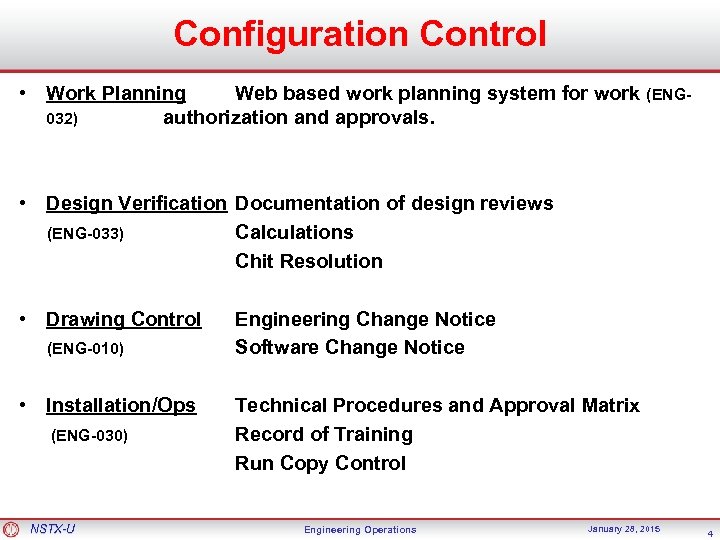 Configuration Control • Work Planning Web based work planning system for work (ENG 032)