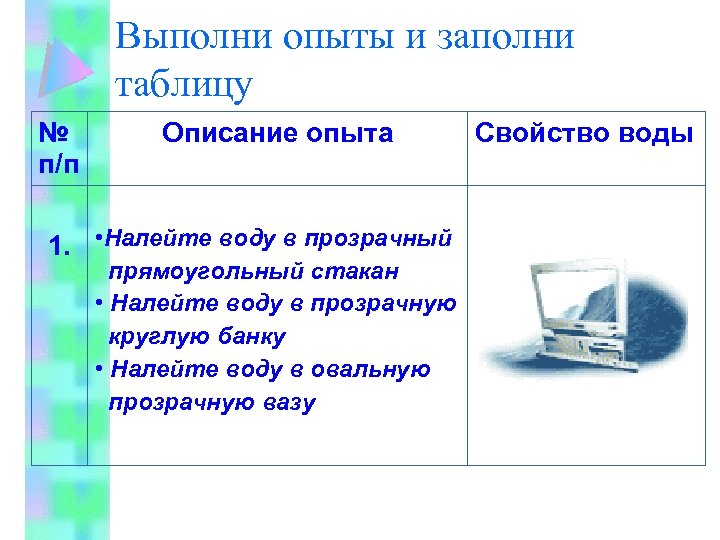 Выполни опыты и заполни таблицу № п/п Описание опыта 1. • Налейте воду в