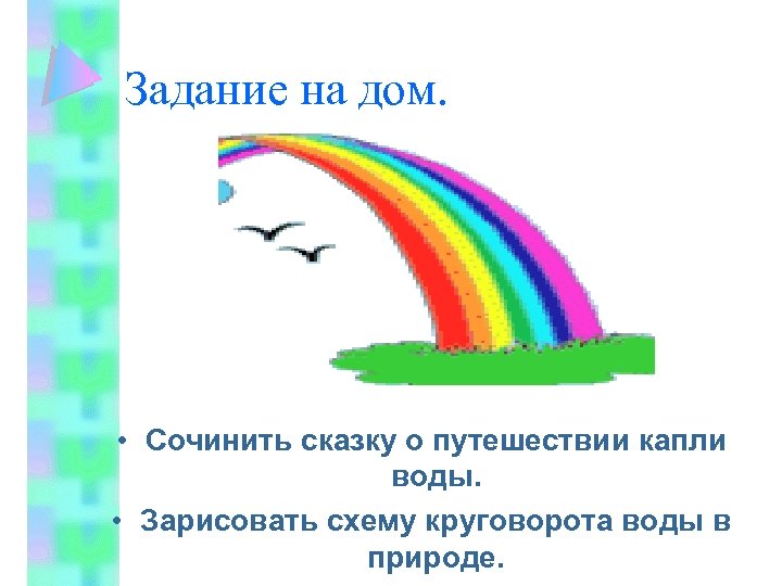 Задание на дом. • Сочинить сказку о путешествии капли воды. • Зарисовать схему круговорота