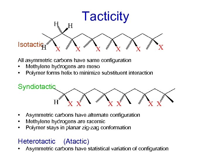 Tacticity Isotactic All asymmetric carbons have same configuration • Methylene hydrogens are meso •