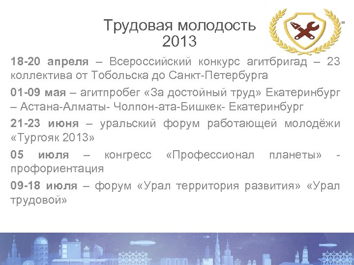 Трудовая молодость 2013 18 -20 апреля – Всероссийский конкурс агитбригад – 23 коллектива от