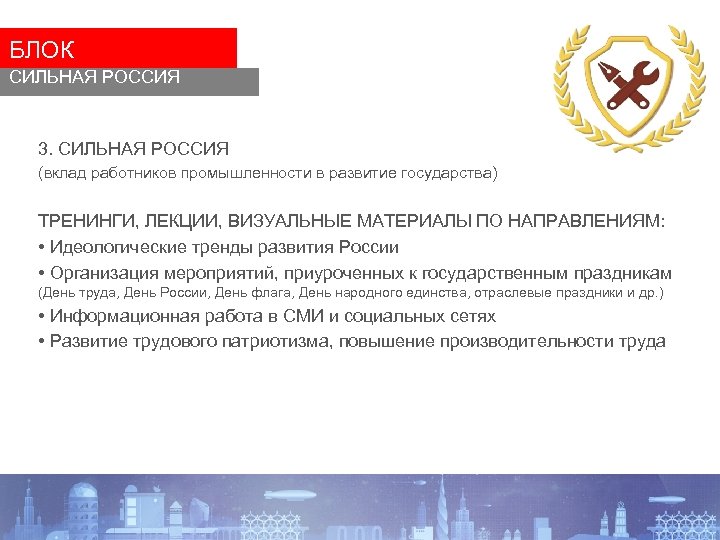 БЛОК СИЛЬНАЯ РОССИЯ 3. СИЛЬНАЯ РОССИЯ (вклад работников промышленности в развитие государства) ТРЕНИНГИ, ЛЕКЦИИ,