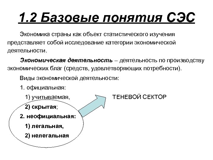 1. 2 Базовые понятия СЭС Экономика страны как объект статистического изучения представляет собой исследование