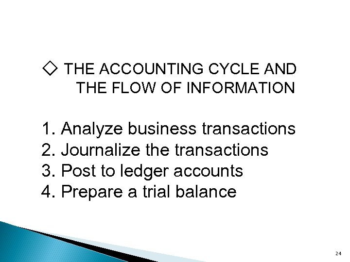 ◇ THE ACCOUNTING CYCLE AND THE FLOW OF INFORMATION 1. Analyze business transactions 2.