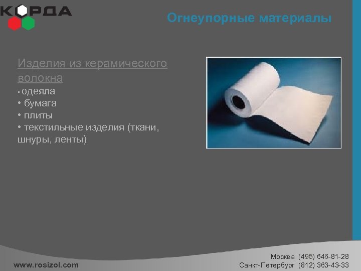 Огнеупорные материалы Изделия из керамического волокна одеяла • бумага • плиты • текстильные изделия