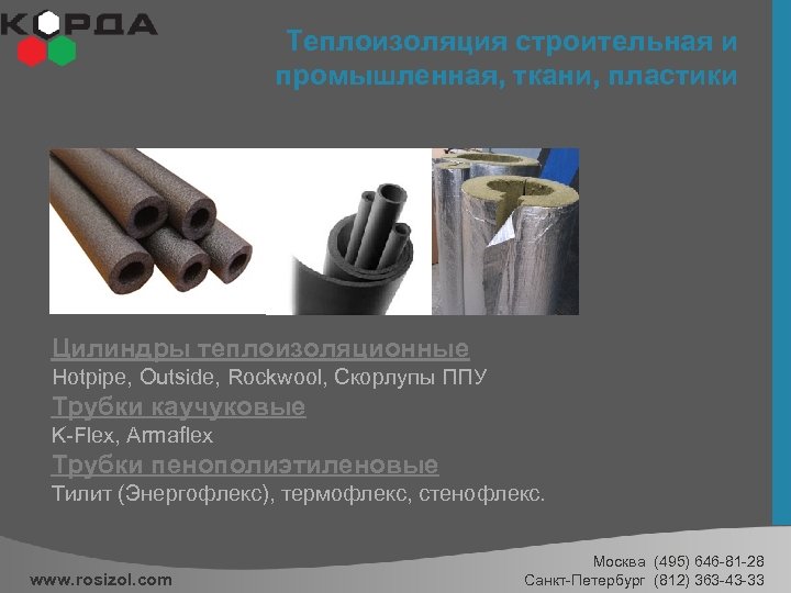 Теплоизоляция строительная и промышленная, ткани, пластики Цилиндры теплоизоляционные Hotpipe, Outside, Rockwool, Скорлупы ППУ Трубки