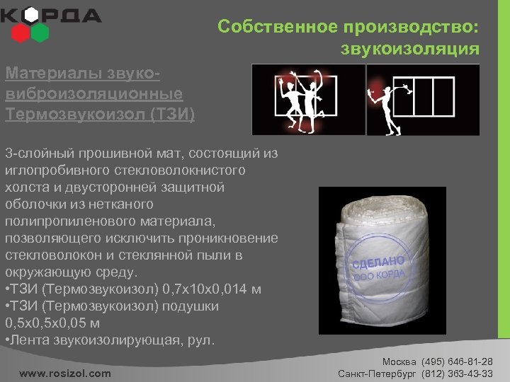 Собственное производство: звукоизоляция Материалы звуковиброизоляционные Термозвукоизол (ТЗИ) 3 -слойный прошивной мат, состоящий из иглопробивного