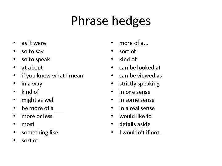 Phrase hedges • • • • as it were so to say so to