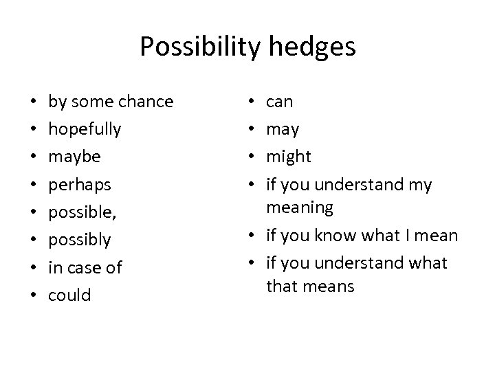 Possibility hedges • • by some chance hopefully maybe perhaps possible, possibly in case
