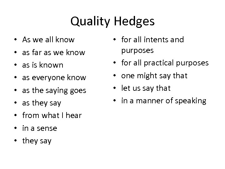Quality Hedges • • • As we all know as far as we know