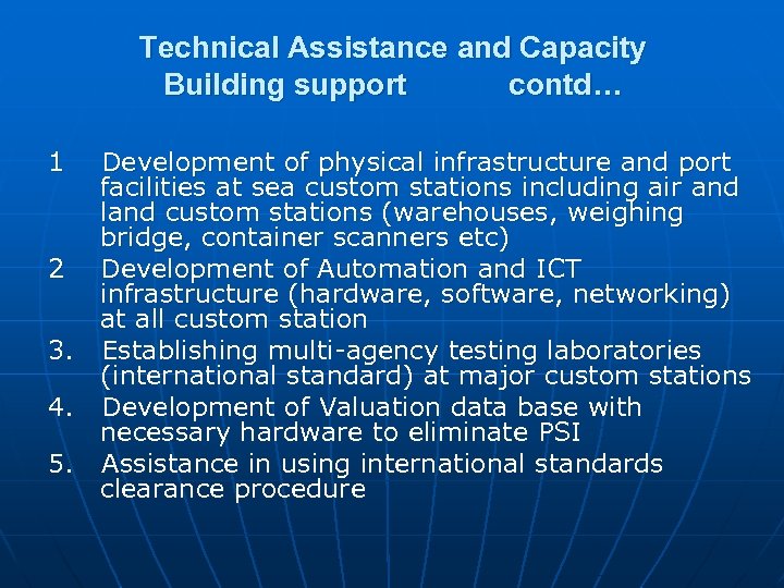 Technical Assistance and Capacity Building support contd… 1 Development of physical infrastructure and port