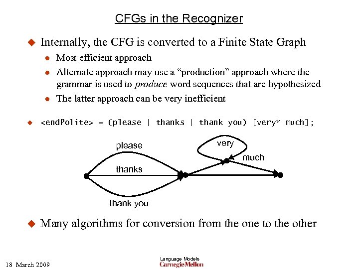 CFGs in the Recognizer u Internally, the CFG is converted to a Finite State