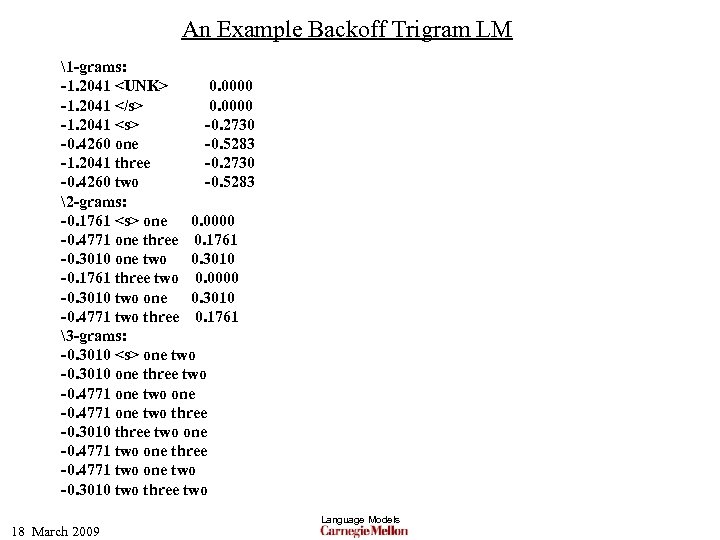 An Example Backoff Trigram LM 1 -grams: -1. 2041 <UNK> 0. 0000 -1. 2041